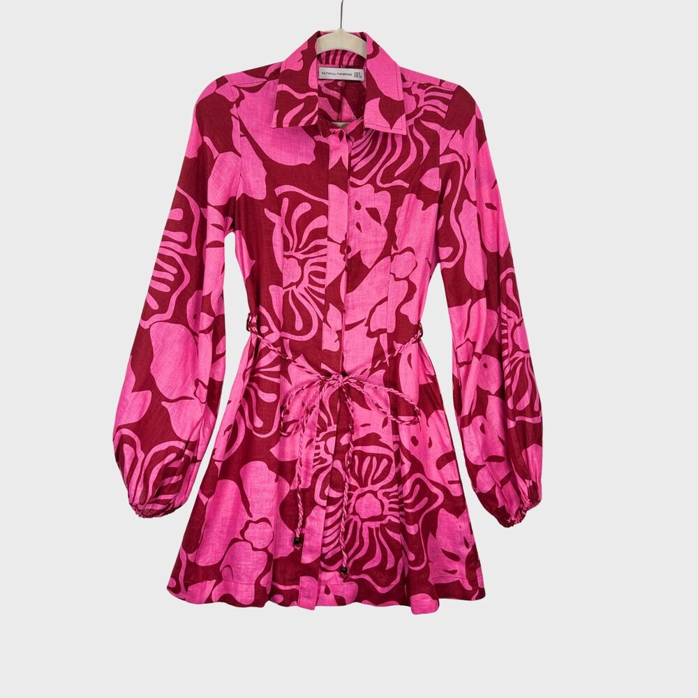 FAITHFULL THE BRAND Mini Dress Pink Rae Linen Floral Long Sleeve Boho Size 2 - Picture 2 of 12